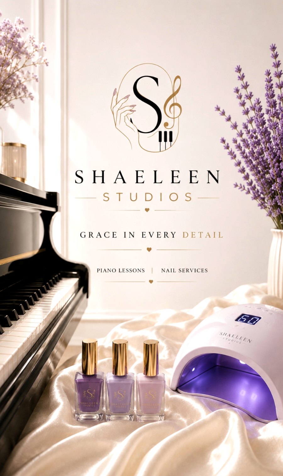 Shaeleen Studios: lavender gel polish bottles with gold caps and an LED nail lamp on ivory satin beside a black grand piano and fresh lavender